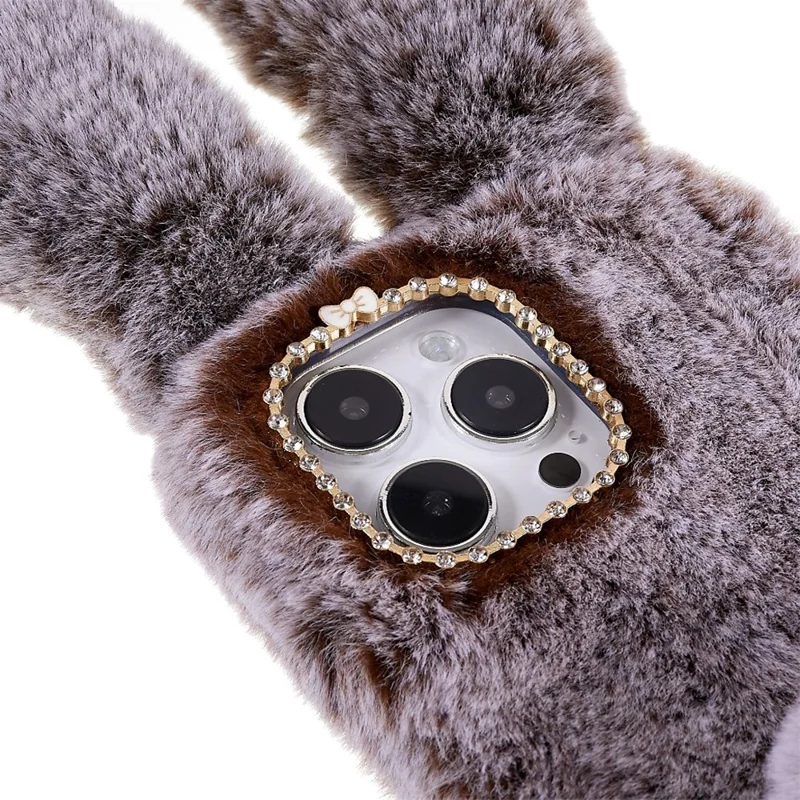For iPhone 14 Pro Max Cute 3D Bunny Ears Furry Winter Warm Case Drop Resistant TPU Protective Phone Cover with Glitter Rhinestone Bowknot - Brown
