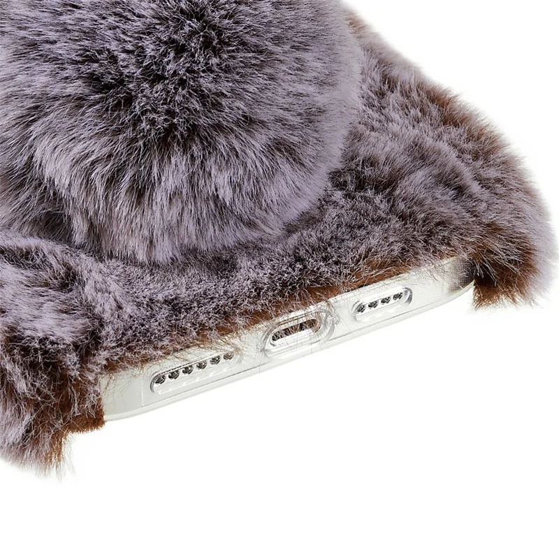 For iPhone 14 Pro Max Cute 3D Bunny Ears Furry Winter Warm Case Drop Resistant TPU Protective Phone Cover with Glitter Rhinestone Bowknot - Brown