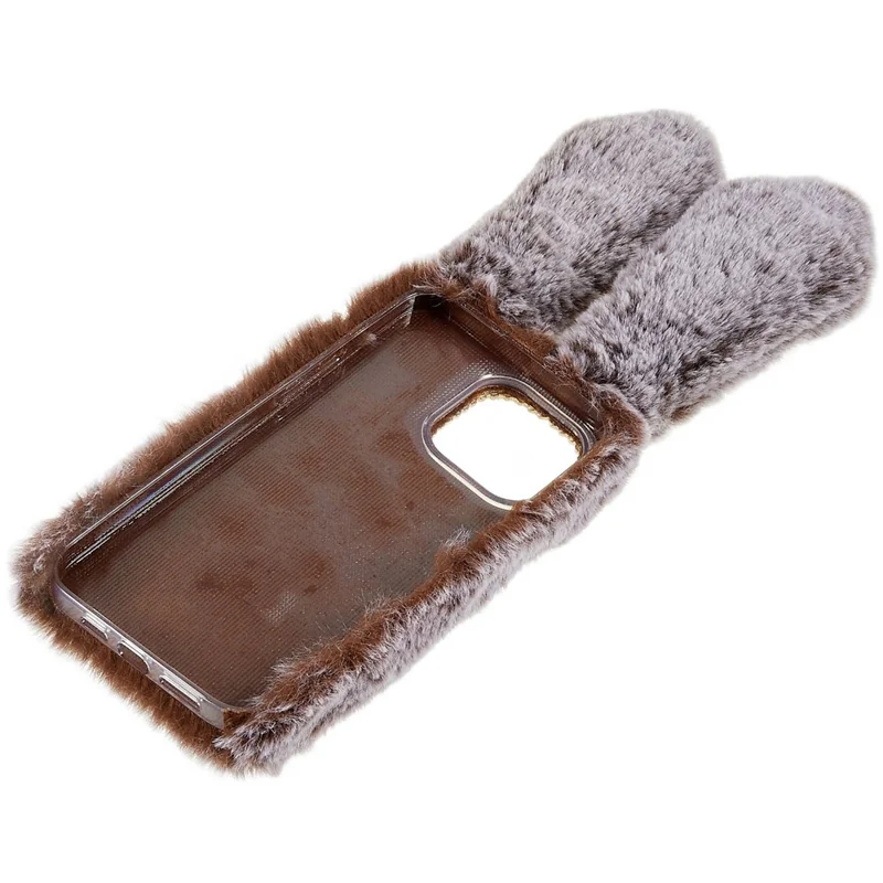 For iPhone 14 Pro Max Cute 3D Bunny Ears Furry Winter Warm Case Drop Resistant TPU Protective Phone Cover with Glitter Rhinestone Bowknot - Brown