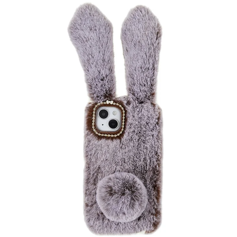 For iPhone 14 Cute 3D Bunny Ears Furry Winter Warm Case Collision Resistant TPU Protective Phone Cover with Glitter Rhinestone Bowknot - Brown