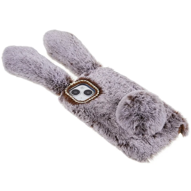 For iPhone 14 Cute 3D Bunny Ears Furry Winter Warm Case Collision Resistant TPU Protective Phone Cover with Glitter Rhinestone Bowknot - Brown
