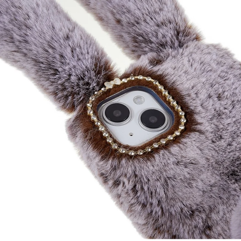 For iPhone 14 Cute 3D Bunny Ears Furry Winter Warm Case Collision Resistant TPU Protective Phone Cover with Glitter Rhinestone Bowknot - Brown