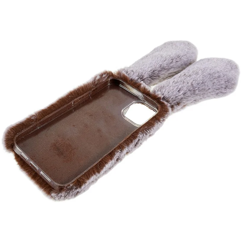 For iPhone 14 Cute 3D Bunny Ears Furry Winter Warm Case Collision Resistant TPU Protective Phone Cover with Glitter Rhinestone Bowknot - Brown