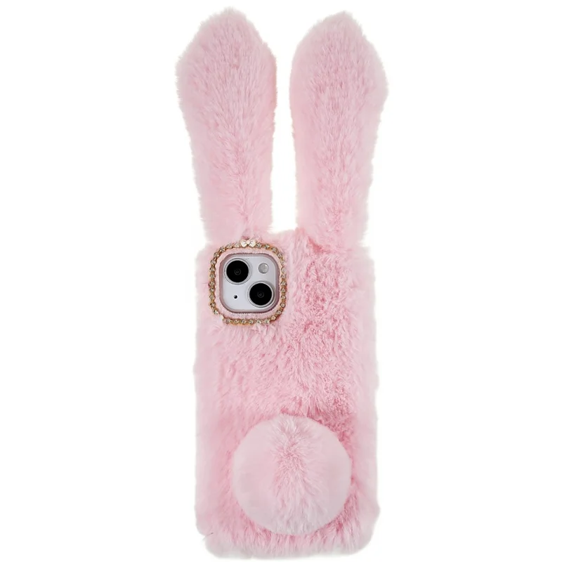 For iPhone 14 Cute 3D Bunny Ears Furry Winter Warm Case Collision Resistant TPU Protective Phone Cover with Glitter Rhinestone Bowknot - Pink