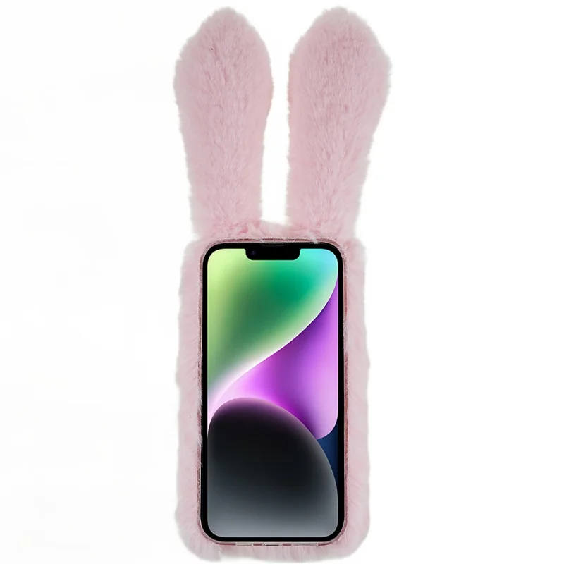 For iPhone 14 Cute 3D Bunny Ears Furry Winter Warm Case Collision Resistant TPU Protective Phone Cover with Glitter Rhinestone Bowknot - Pink