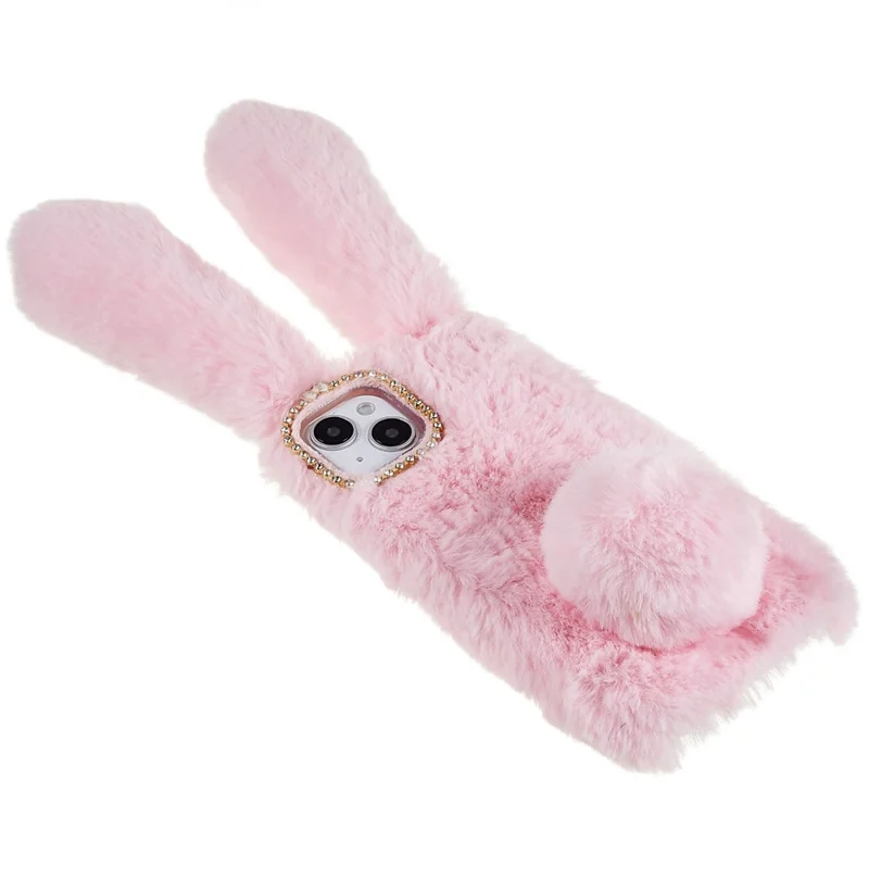 For iPhone 14 Cute 3D Bunny Ears Furry Winter Warm Case Collision Resistant TPU Protective Phone Cover with Glitter Rhinestone Bowknot - Pink