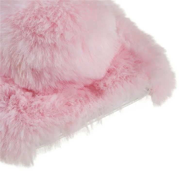 For iPhone 14 Cute 3D Bunny Ears Furry Winter Warm Case Collision Resistant TPU Protective Phone Cover with Glitter Rhinestone Bowknot - Pink