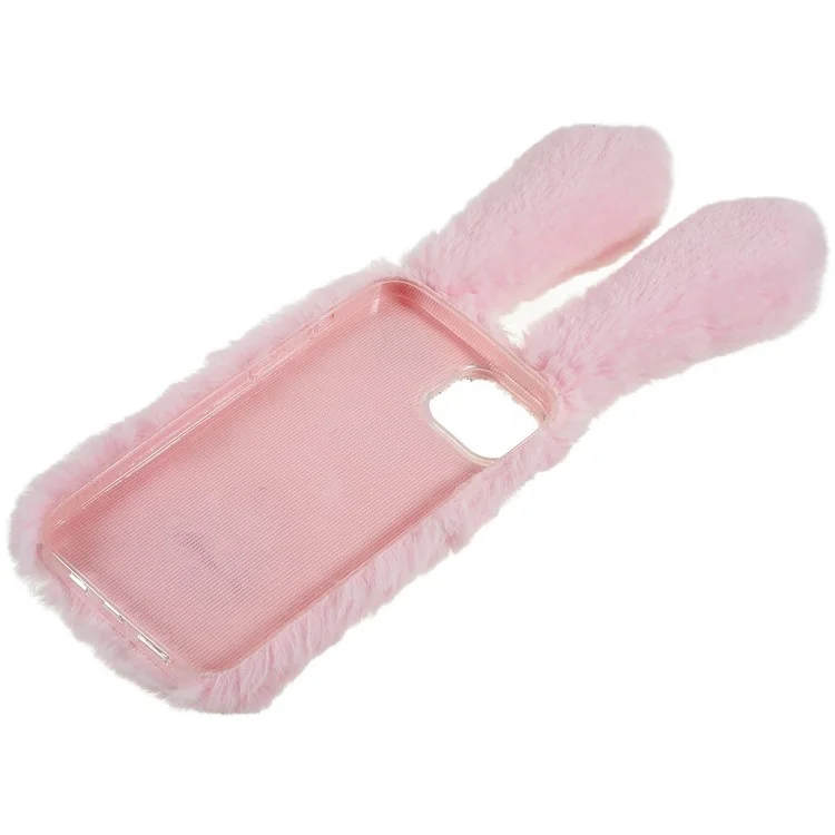 For iPhone 14 Cute 3D Bunny Ears Furry Winter Warm Case Collision Resistant TPU Protective Phone Cover with Glitter Rhinestone Bowknot - Pink