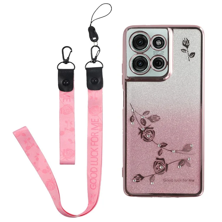 Capa para Motorola Moto G75 5G KADEM com padrão de flor em TPU, capa de telefone gradiente com cordões - Ouro Rosa