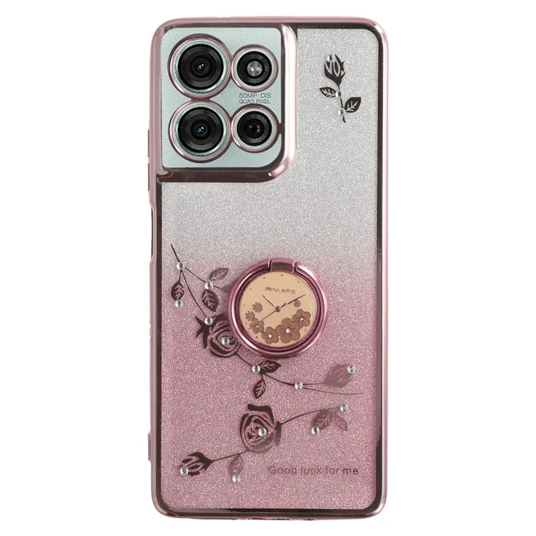 Coque Motorola Moto G75 5G KADEM avec anneau de support TPU fleurs motif dégradé paillettes - Or rose