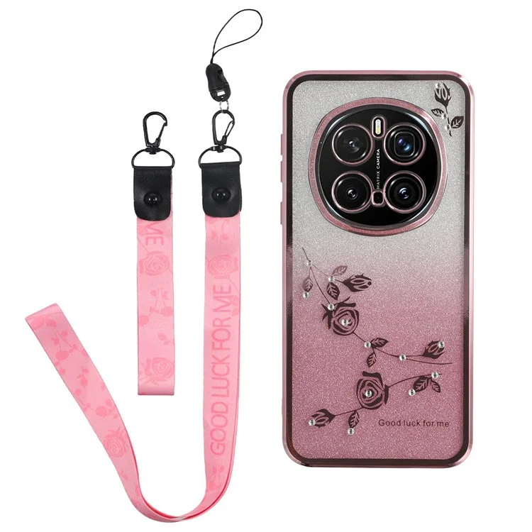 Capa KADEM For Honor Magic7 Pro 5G com padrão de flor, TPU gradiente e cordões - Ouro rosa