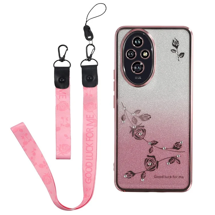 Funda KADEM For Honor 200 5G con patrón de flores, cubierta de teléfono TPU degradada con cordones - Oro rosa
