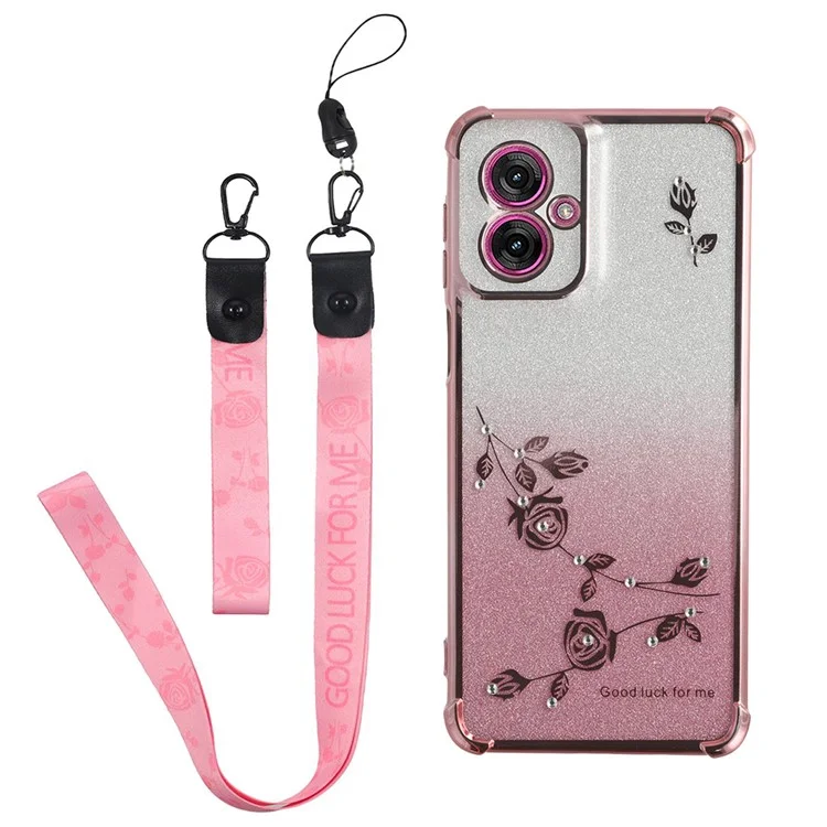 Capa para Motorola Moto G55 5G da KADEM, com padrão de flor em TPU e capa de telefone gradiente com cordões - Ouro Rosa