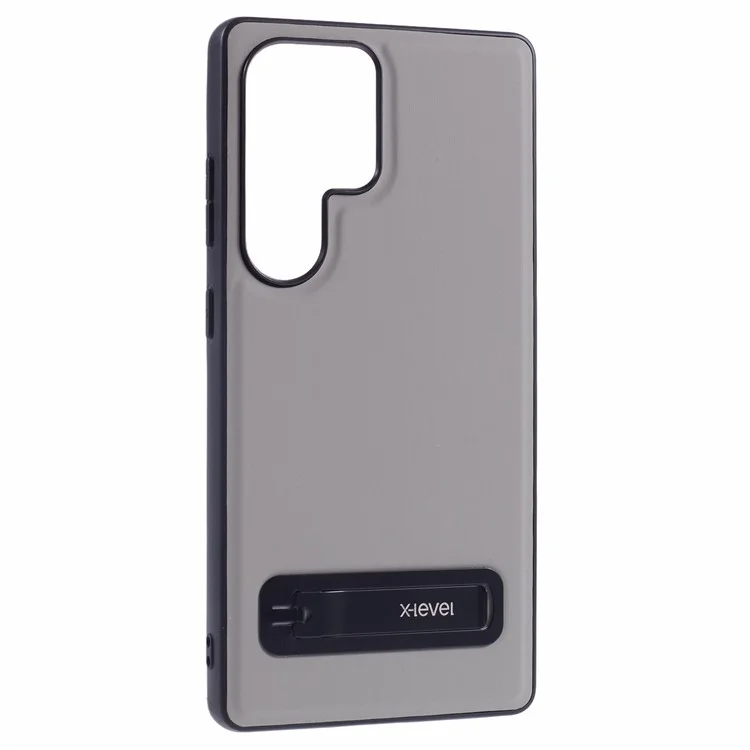 X-LEVEL For Samsung Galaxy S25 Ultra Phone Case Leather Coated PC TPU Back Cover with Metal Kickstand - Grey