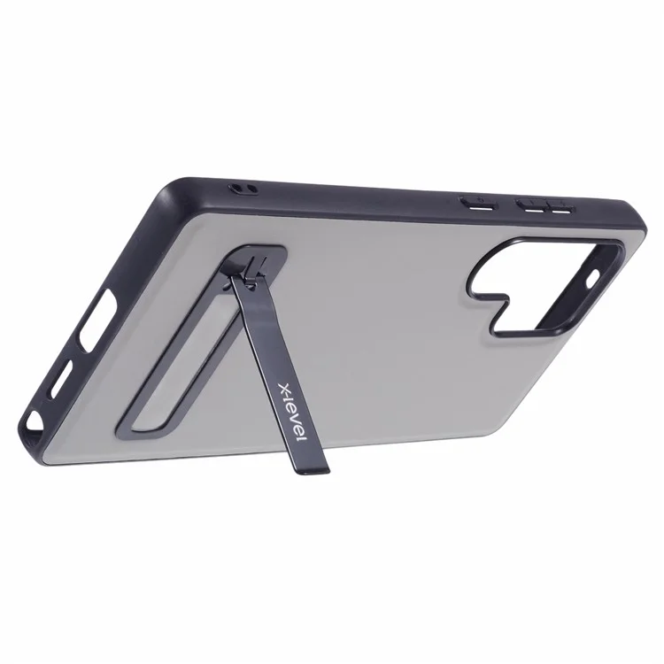 X-LEVEL For Samsung Galaxy S25 Ultra Phone Case Leather Coated PC TPU Back Cover with Metal Kickstand - Grey