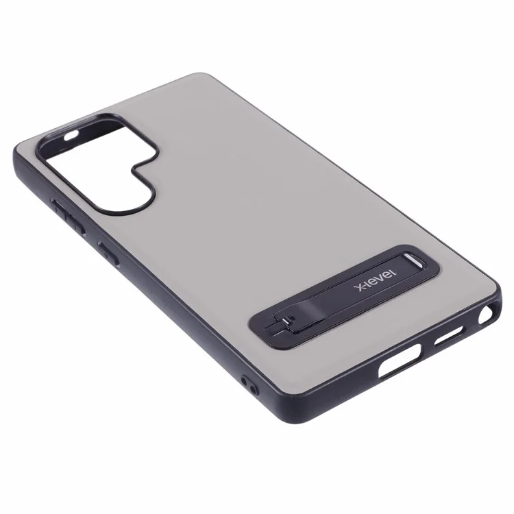 X-LEVEL For Samsung Galaxy S25 Ultra Phone Case Leather Coated PC TPU Back Cover with Metal Kickstand - Grey
