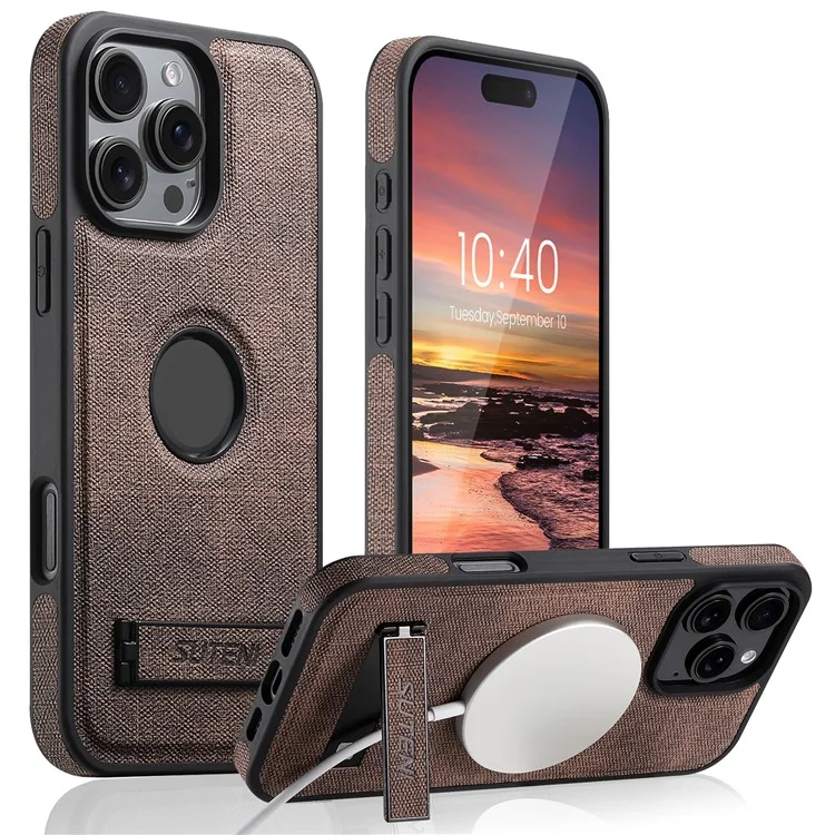 Funda para iPhone 14 Pro SUTENI G2 compatible con MagSafe, con soporte, textura de mezclilla y cubierta trasera de cuero - Marrón