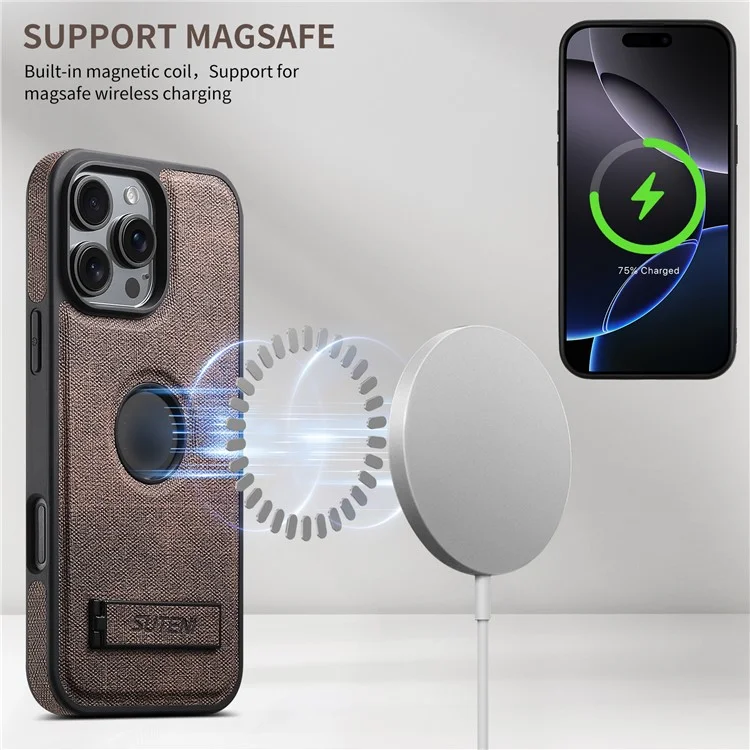 Funda para iPhone 14 Pro SUTENI G2 compatible con MagSafe, con soporte, textura de mezclilla y cubierta trasera de cuero - Marrón