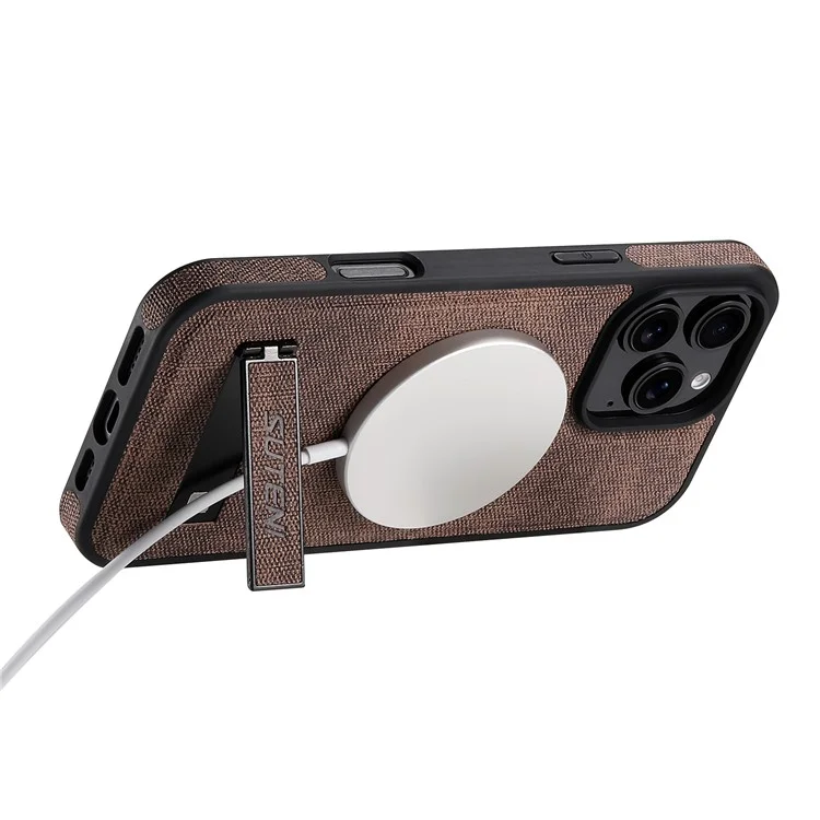 Funda para iPhone 16 Pro SUTENI G2 compatible con MagSafe, con soporte, textura de mezclilla y cubierta trasera de cuero - Marrón