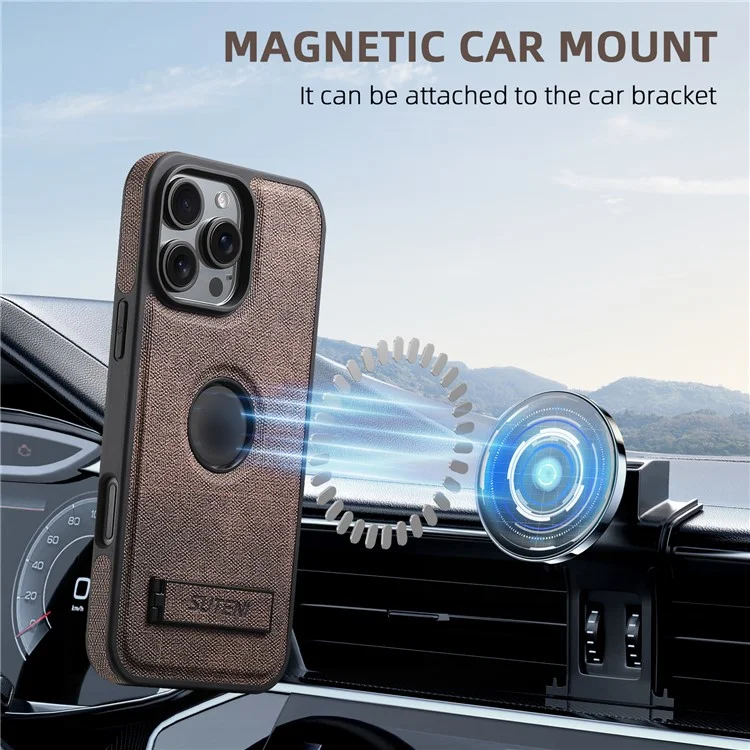 Funda para iPhone 16 Pro SUTENI G2 compatible con MagSafe, con soporte, textura de mezclilla y cubierta trasera de cuero - Marrón