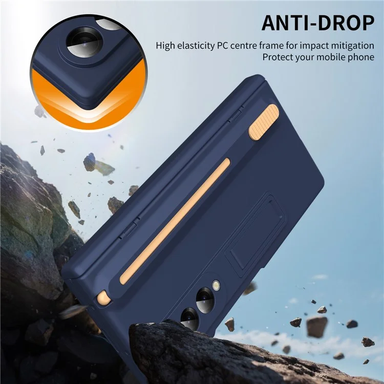For Samsung Galaxy Z Fold4 5G Kickstand Phone Case with Tempered Glass Screen Protector and Stylus Pen - Sapphire