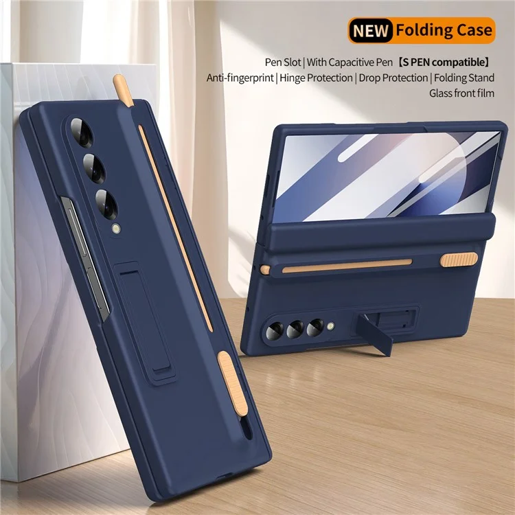 Capa de telefone com suporte para Samsung Galaxy Z Fold5 5G com protetor de tela de vidro temperado e caneta stylus - Safira