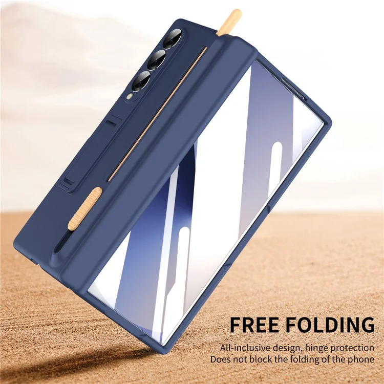Capa de telefone com suporte para Samsung Galaxy Z Fold5 5G com protetor de tela de vidro temperado e caneta stylus - Safira