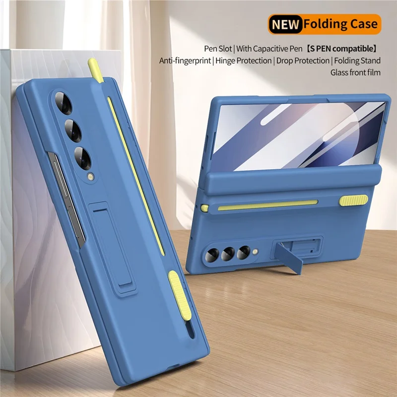 For Samsung Galaxy Z Fold5 5G Kickstand Phone Case with Tempered Glass Screen Protector and Stylus Pen - Sky Blue