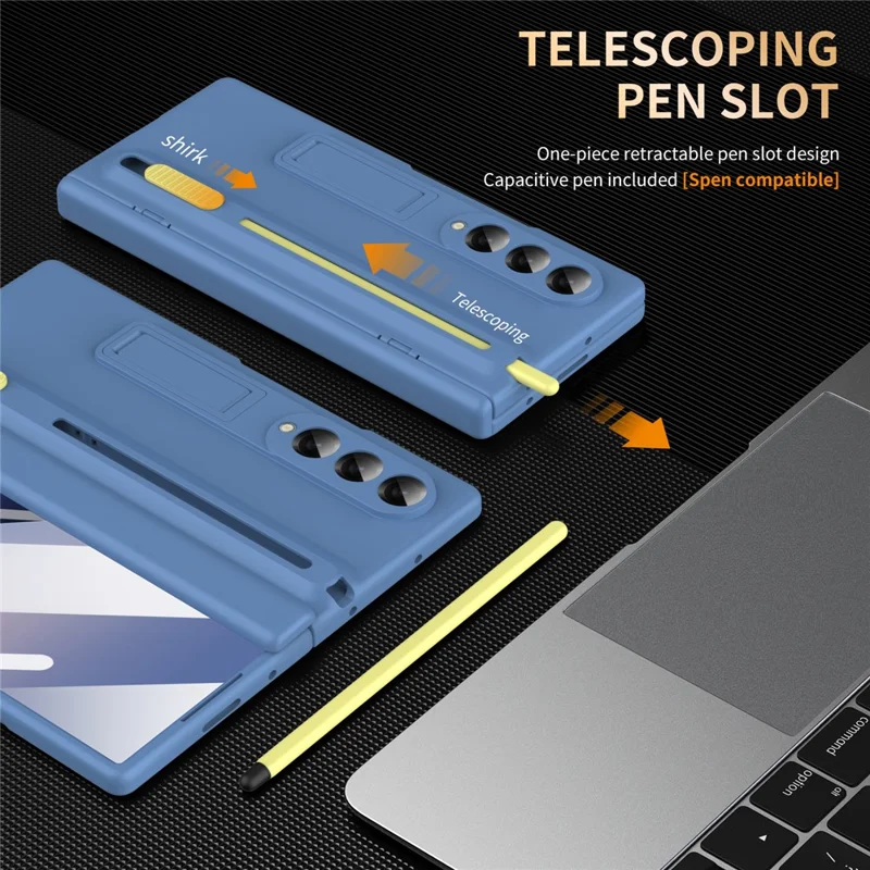 For Samsung Galaxy Z Fold5 5G Kickstand Phone Case with Tempered Glass Screen Protector and Stylus Pen - Sky Blue