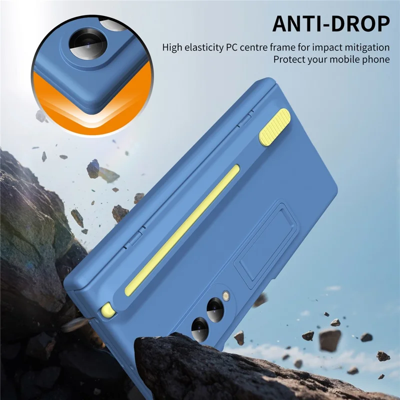 For Samsung Galaxy Z Fold5 5G Kickstand Phone Case with Tempered Glass Screen Protector and Stylus Pen - Sky Blue