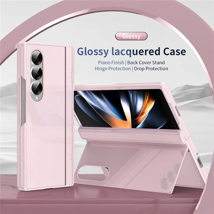 Для Samsung Galaxy Z Fold4 5G чехол для ПК с задней крышкой, подставкой и закаленной стеклянной пленкой - розовый