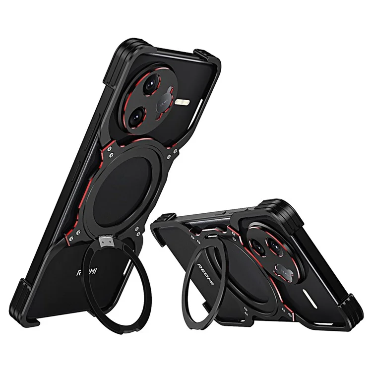 Custodia con supporto per Xiaomi Redmi K80 Pro 5G, paraurti in metallo, cover magnetica per telefono - Nero / Rosso