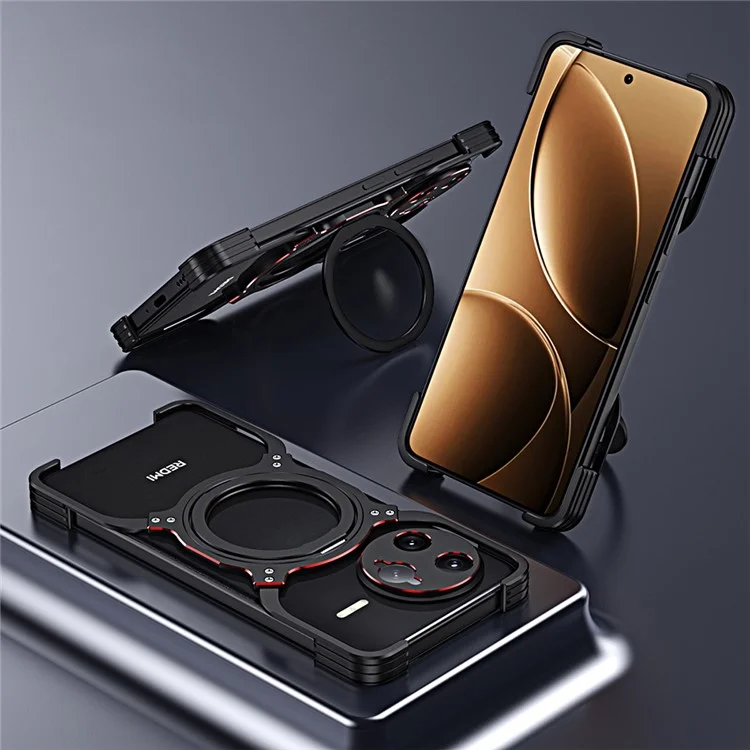 Custodia con supporto per Xiaomi Redmi K80 Pro 5G, paraurti in metallo, cover magnetica per telefono - Nero / Rosso