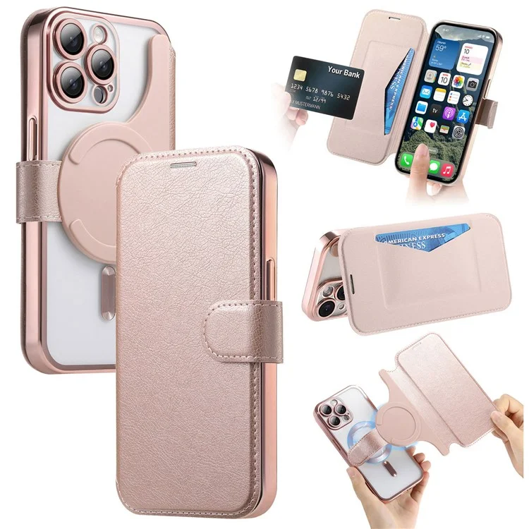 Funda para iPhone 13 Pro compatible con MagSafe, cubierta de teléfono de cuero desmontable con película para lente - Oro rosa