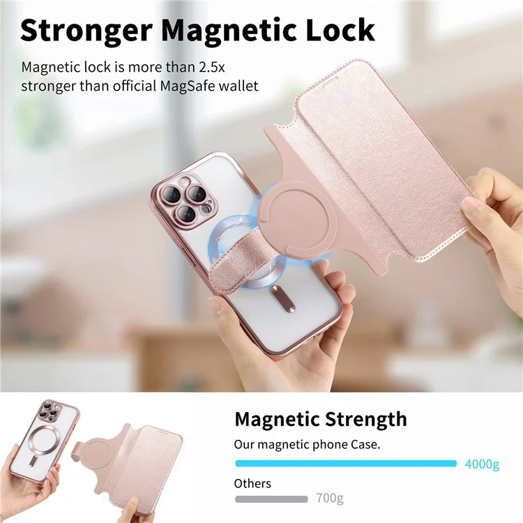 Funda para iPhone 13 Pro compatible con MagSafe, cubierta de teléfono de cuero desmontable con película para lente - Oro rosa