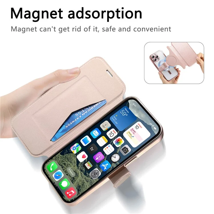 Funda para iPhone 13 Pro compatible con MagSafe, cubierta de teléfono de cuero desmontable con película para lente - Oro rosa