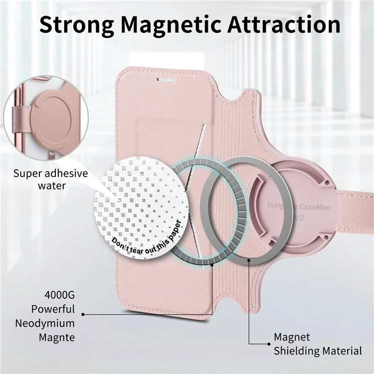 Funda para iPhone 13 Pro compatible con MagSafe, cubierta de teléfono de cuero desmontable con película para lente - Oro rosa