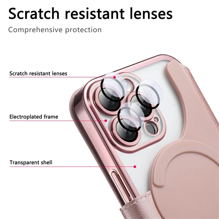 Funda para iPhone 13 Pro compatible con MagSafe, cubierta de teléfono de cuero desmontable con película para lente - Oro rosa