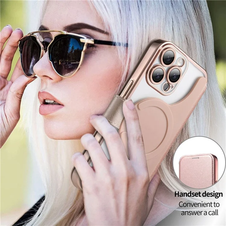 Funda para iPhone 13 Pro compatible con MagSafe, cubierta de teléfono de cuero desmontable con película para lente - Oro rosa