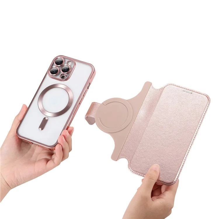 Funda para iPhone 13 Pro compatible con MagSafe, cubierta de teléfono de cuero desmontable con película para lente - Oro rosa