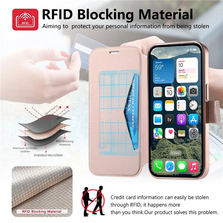 Funda para iPhone 13 Pro compatible con MagSafe, cubierta de teléfono de cuero desmontable con película para lente - Oro rosa