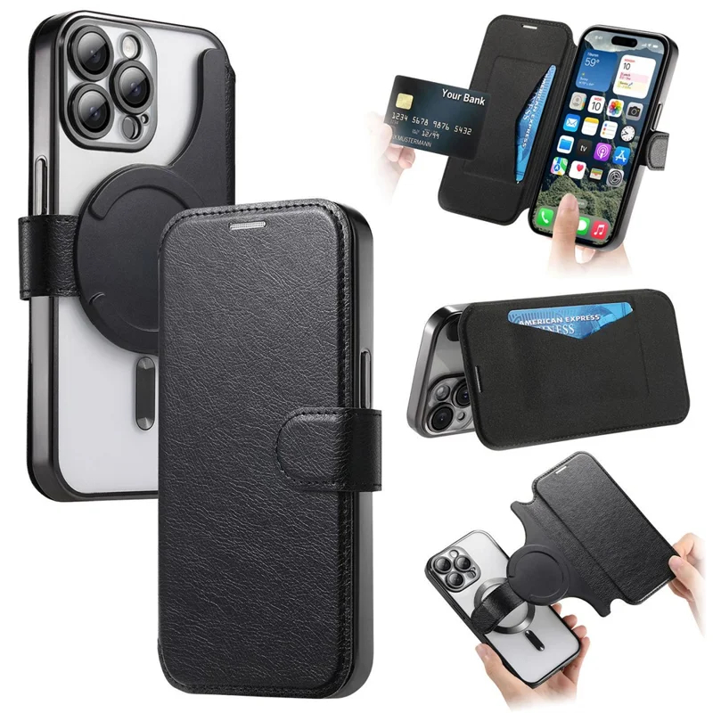 For iPhone 14 Pro Max Case Compatible with MagSafe Detachable Leather Phone Cover with Lens Film - Black