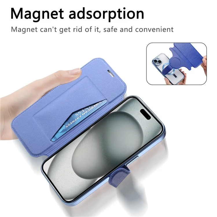 Für iPhone 15 Plus Hülle kompatibel mit MagSafe abnehmbarer Lederhülle mit Linsenfilm - Blau