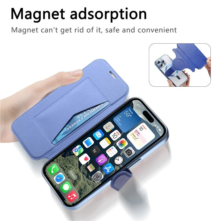 Funda para iPhone 15 Pro Max compatible con MagSafe, cubierta de teléfono de piel desmontable con película para lente - Azul