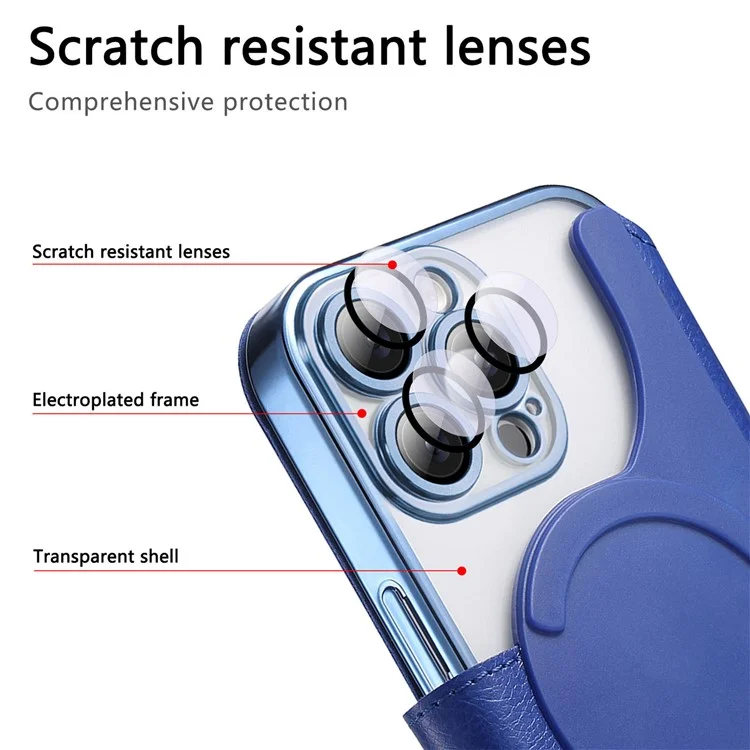 Funda para iPhone 15 Pro Max compatible con MagSafe, cubierta de teléfono de piel desmontable con película para lente - Azul