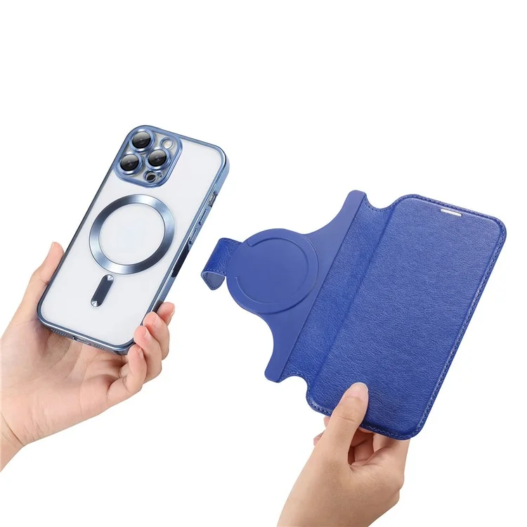 Funda para iPhone 15 Pro Max compatible con MagSafe, cubierta de teléfono de piel desmontable con película para lente - Azul