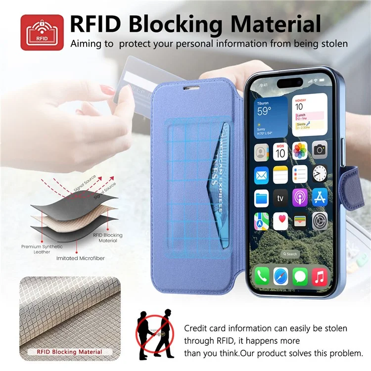 Funda para iPhone 15 Pro Max compatible con MagSafe, cubierta de teléfono de piel desmontable con película para lente - Azul
