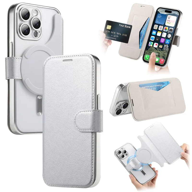 For iPhone 15 Pro Max Case Compatible with MagSafe Detachable Leather Phone Cover with Lens Film - Silver