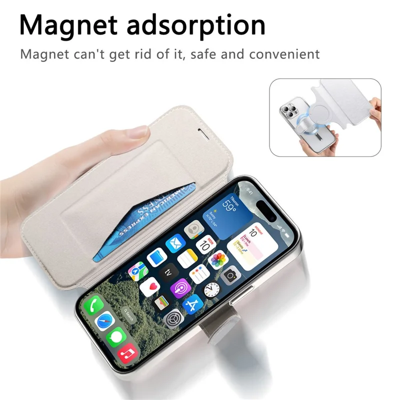 For iPhone 15 Pro Max Case Compatible with MagSafe Detachable Leather Phone Cover with Lens Film - Silver
