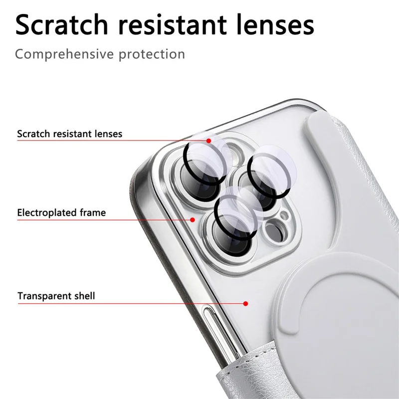 For iPhone 15 Pro Max Case Compatible with MagSafe Detachable Leather Phone Cover with Lens Film - Silver